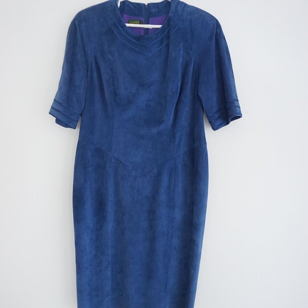 Vintage Danier Blue 100% Suede Leather Short Sleeve Midi Dress Large